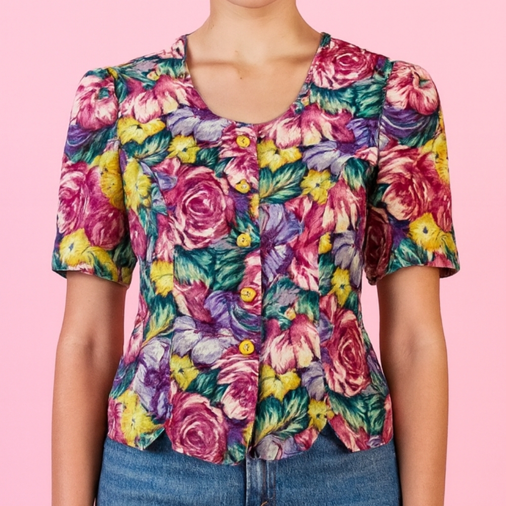 Miss Dorby Floral Gold Tone Button Up Short Sleeved Peplum Top
